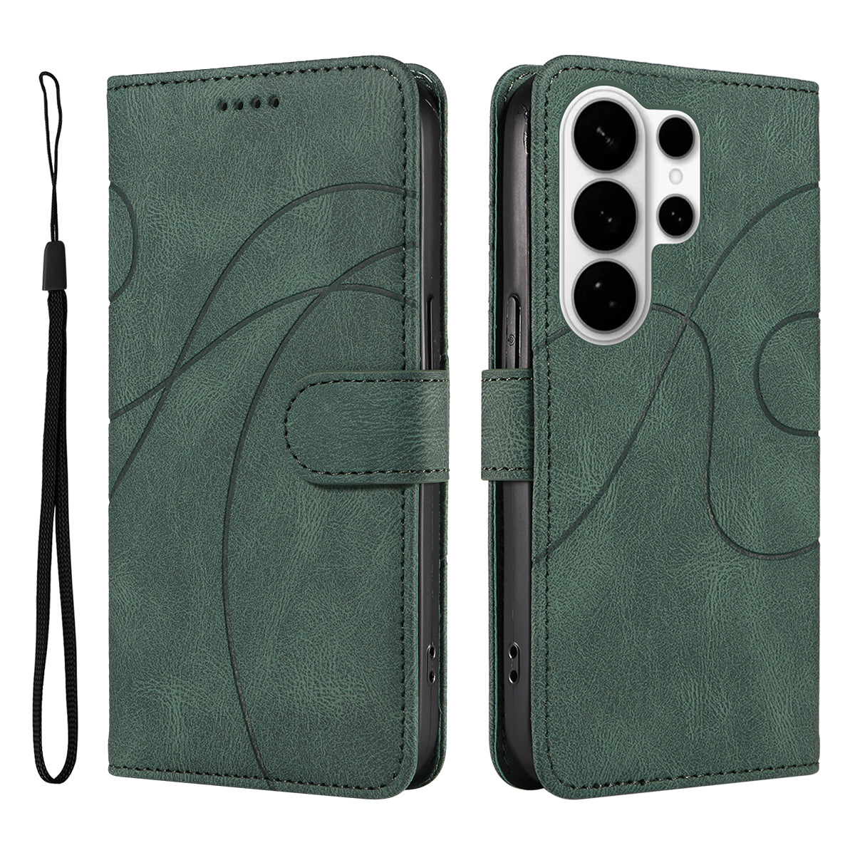For-Samsung-Galaxy-S26-Ultra-Wallet-Case-Leather-Phone-Cover-Stand-with-Curved-Line-Design-Green