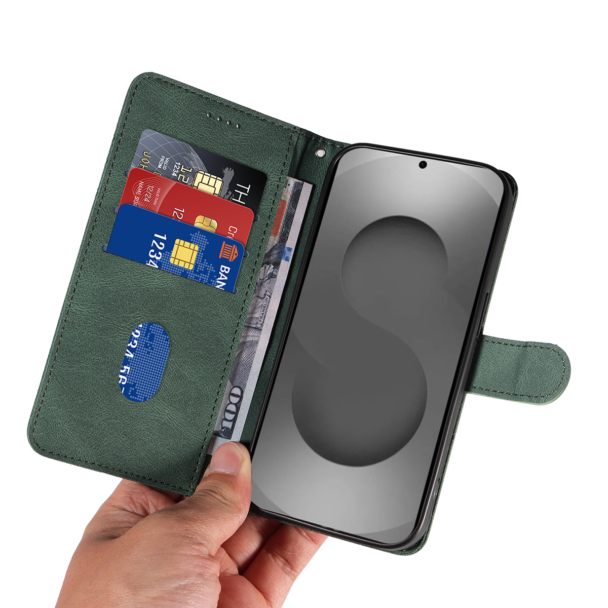 For-Samsung-Galaxy-S26-Ultra-Wallet-Case-Leather-Phone-Cover-Stand-with-Curved-Line-Design-Green