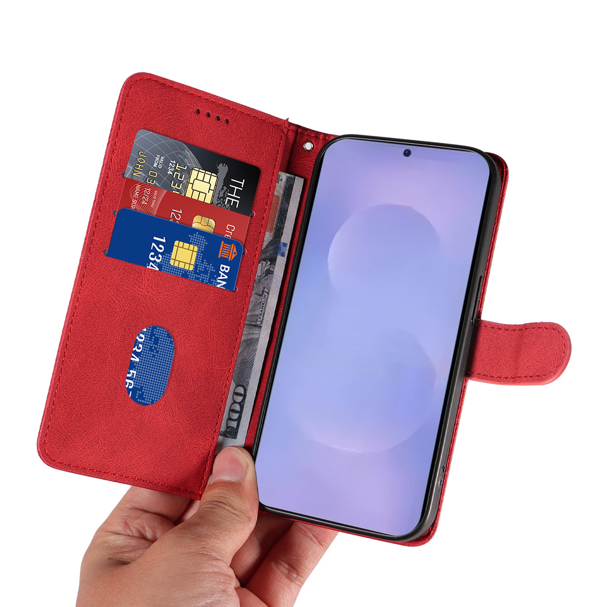 For-Samsung-Galaxy-S26-/-S26-Pro-Wallet-Case-Leather-Phone-Cover-Stand-with-Curved-Line-Design-Red