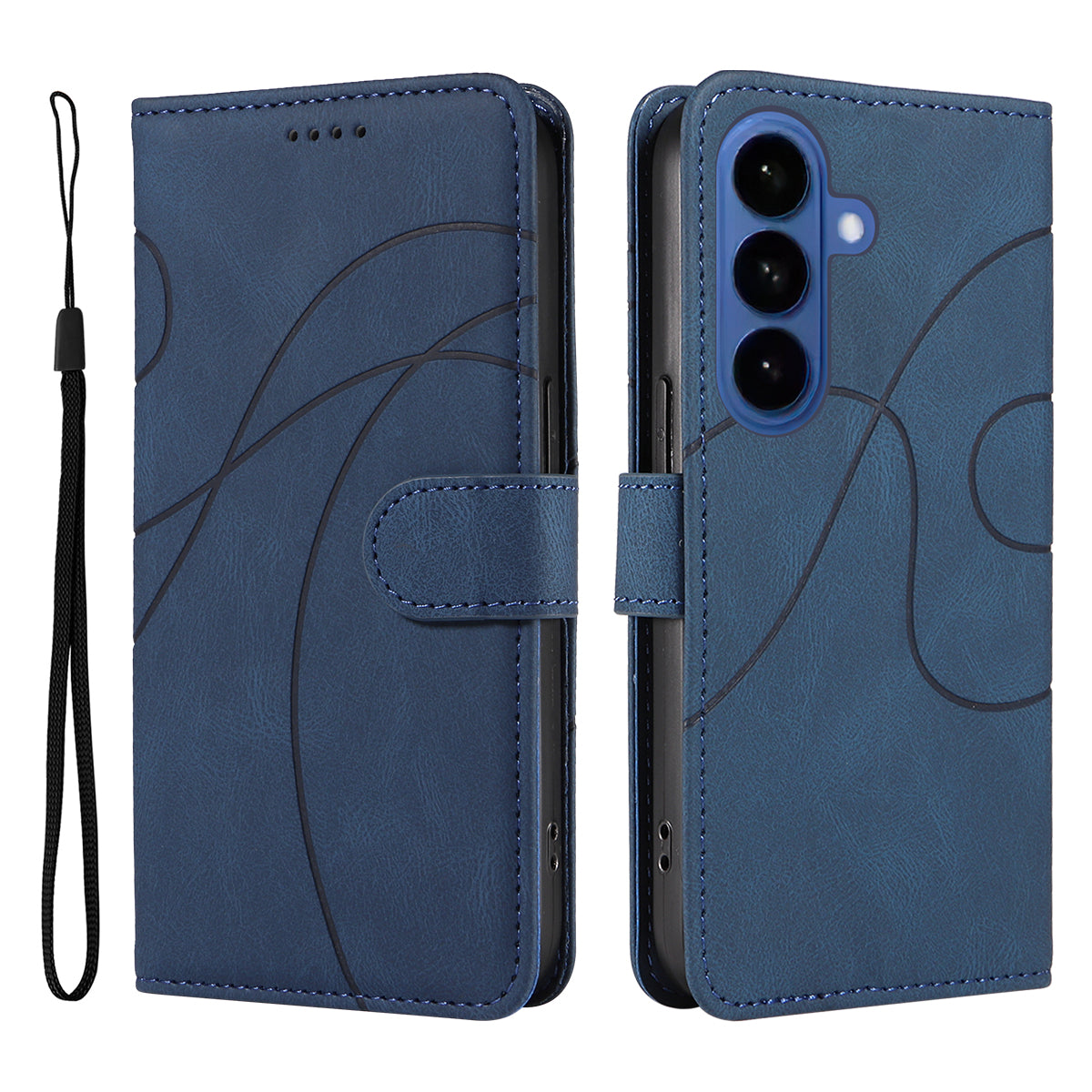 For-Samsung-Galaxy-S26-/-S26-Pro-Wallet-Case-Leather-Phone-Cover-Stand-with-Curved-Line-Design-Blue