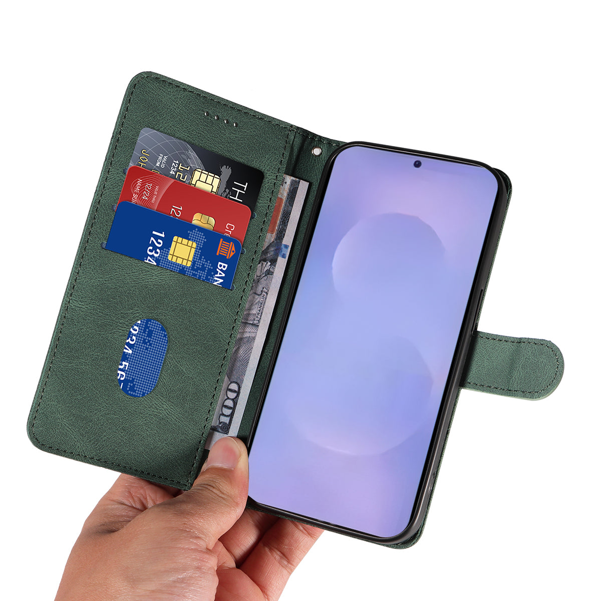 For-Samsung-Galaxy-S26-/-S26-Pro-Wallet-Case-Leather-Phone-Cover-Stand-with-Curved-Line-Design-Green