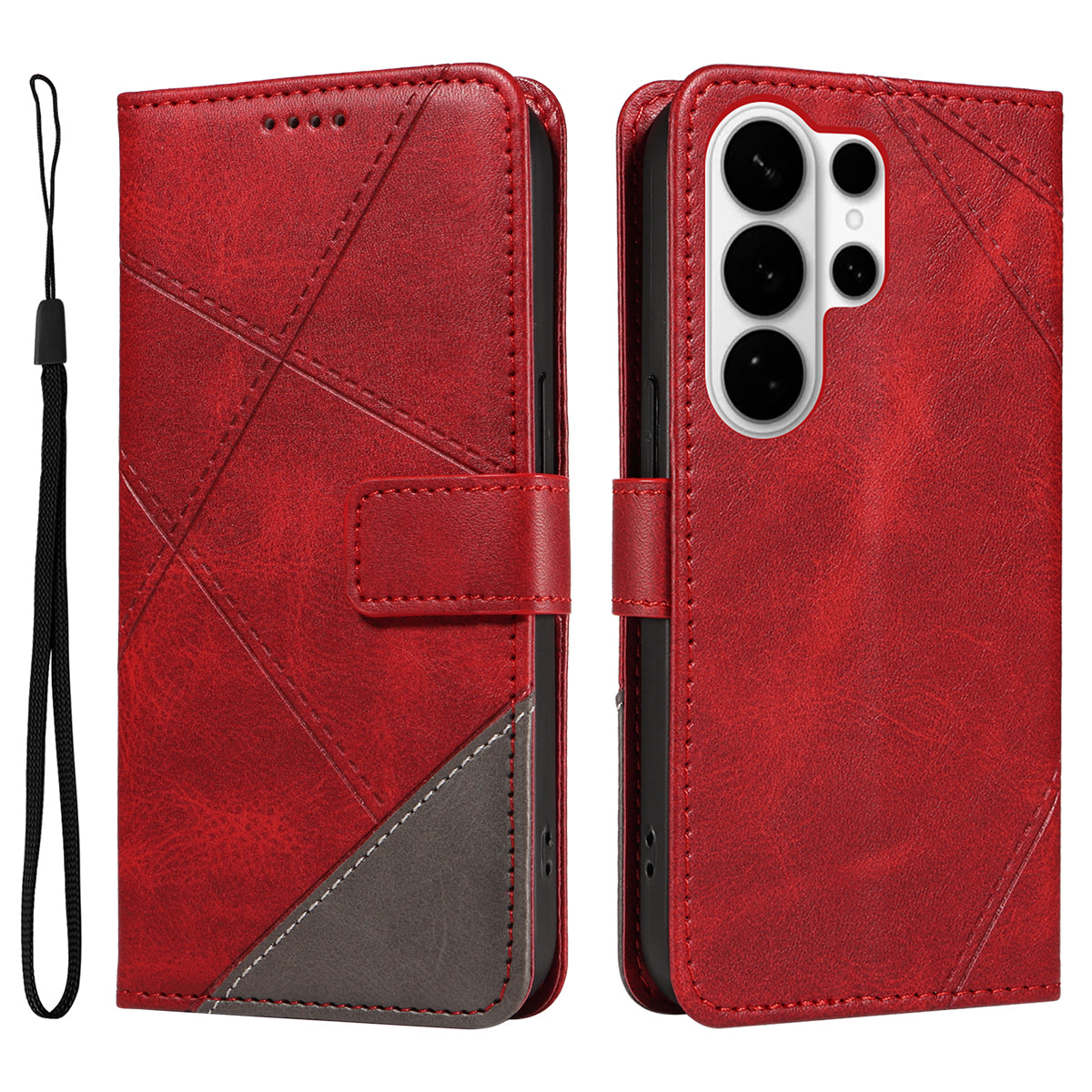 For-Samsung-Galaxy-S26-Ultra-Leather-Case-Geometric-Line-Design-Wallet-Phone-Cover-with-Wrist-Strap-Red