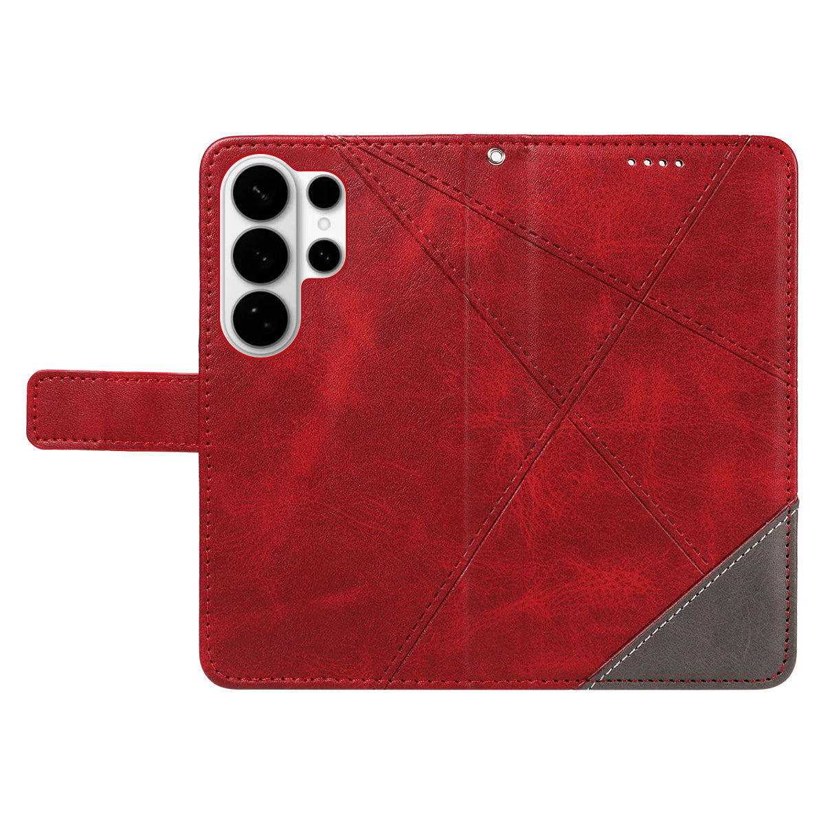 For-Samsung-Galaxy-S26-Ultra-Leather-Case-Geometric-Line-Design-Wallet-Phone-Cover-with-Wrist-Strap-Red