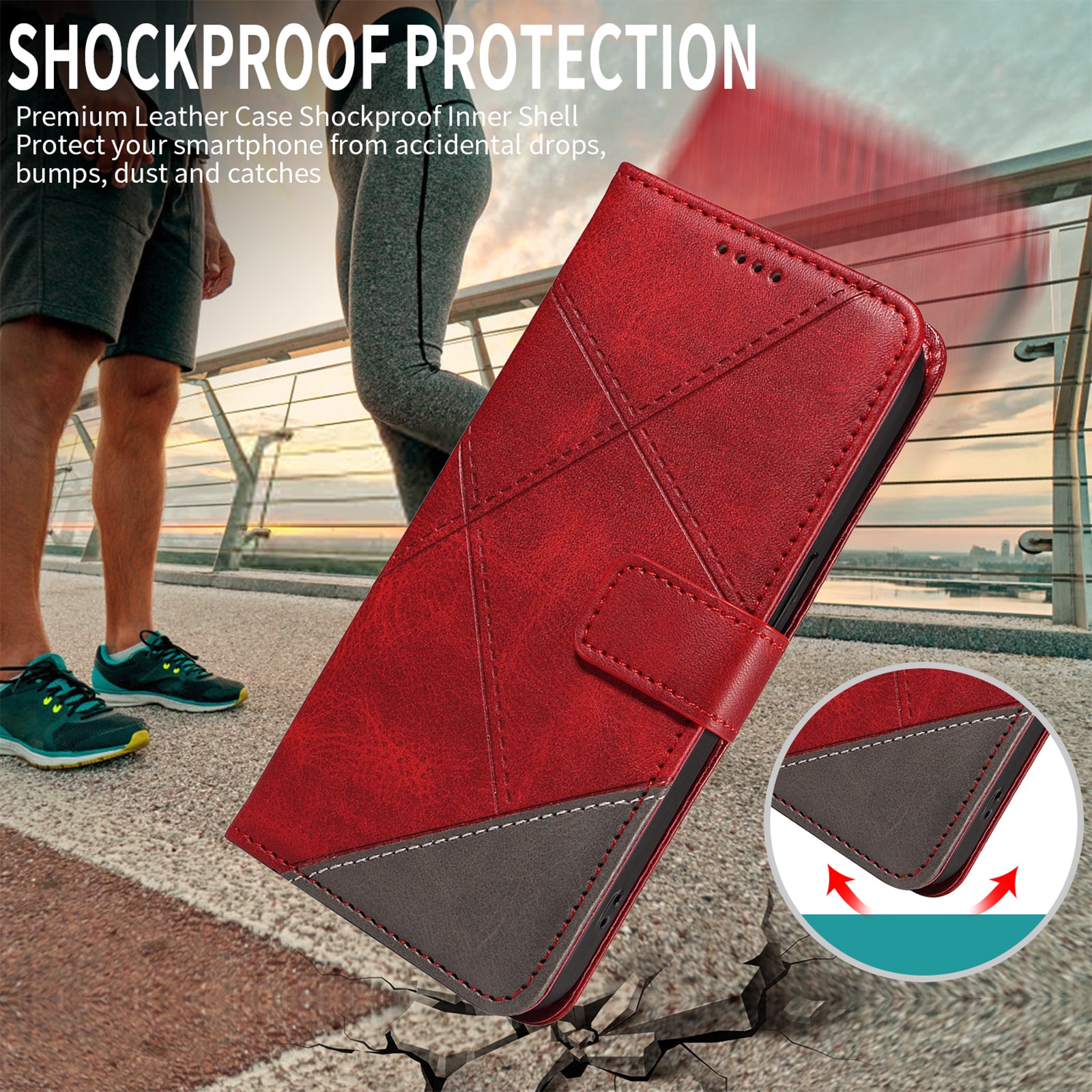 For-Samsung-Galaxy-S26-Ultra-Leather-Case-Geometric-Line-Design-Wallet-Phone-Cover-with-Wrist-Strap-Red