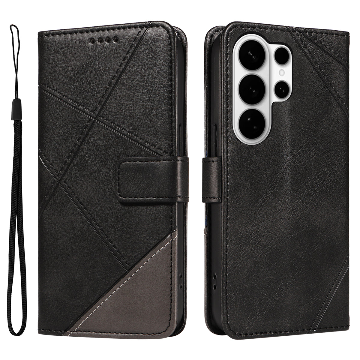 For-Samsung-Galaxy-S26-Ultra-Leather-Case-Geometric-Line-Design-Wallet-Phone-Cover-with-Wrist-Strap-Black