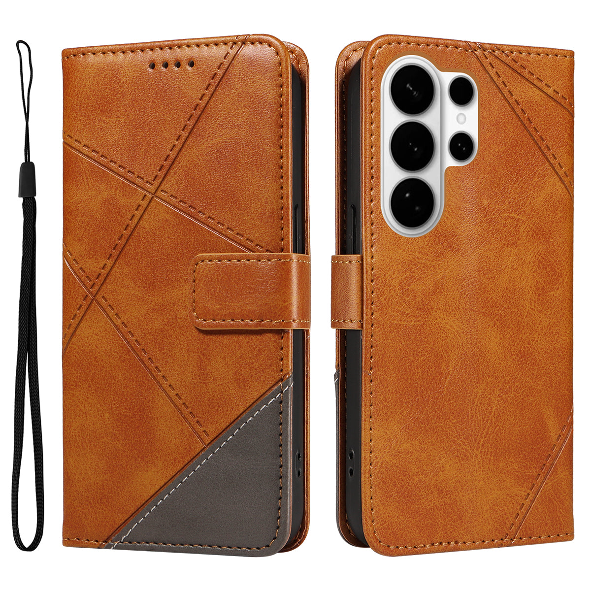 For-Samsung-Galaxy-S26-Ultra-Leather-Case-Geometric-Line-Design-Wallet-Phone-Cover-with-Wrist-Strap-Brown