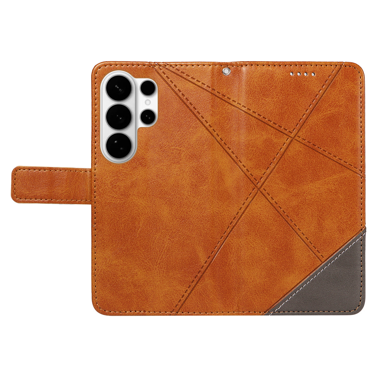 For-Samsung-Galaxy-S26-Ultra-Leather-Case-Geometric-Line-Design-Wallet-Phone-Cover-with-Wrist-Strap-Brown