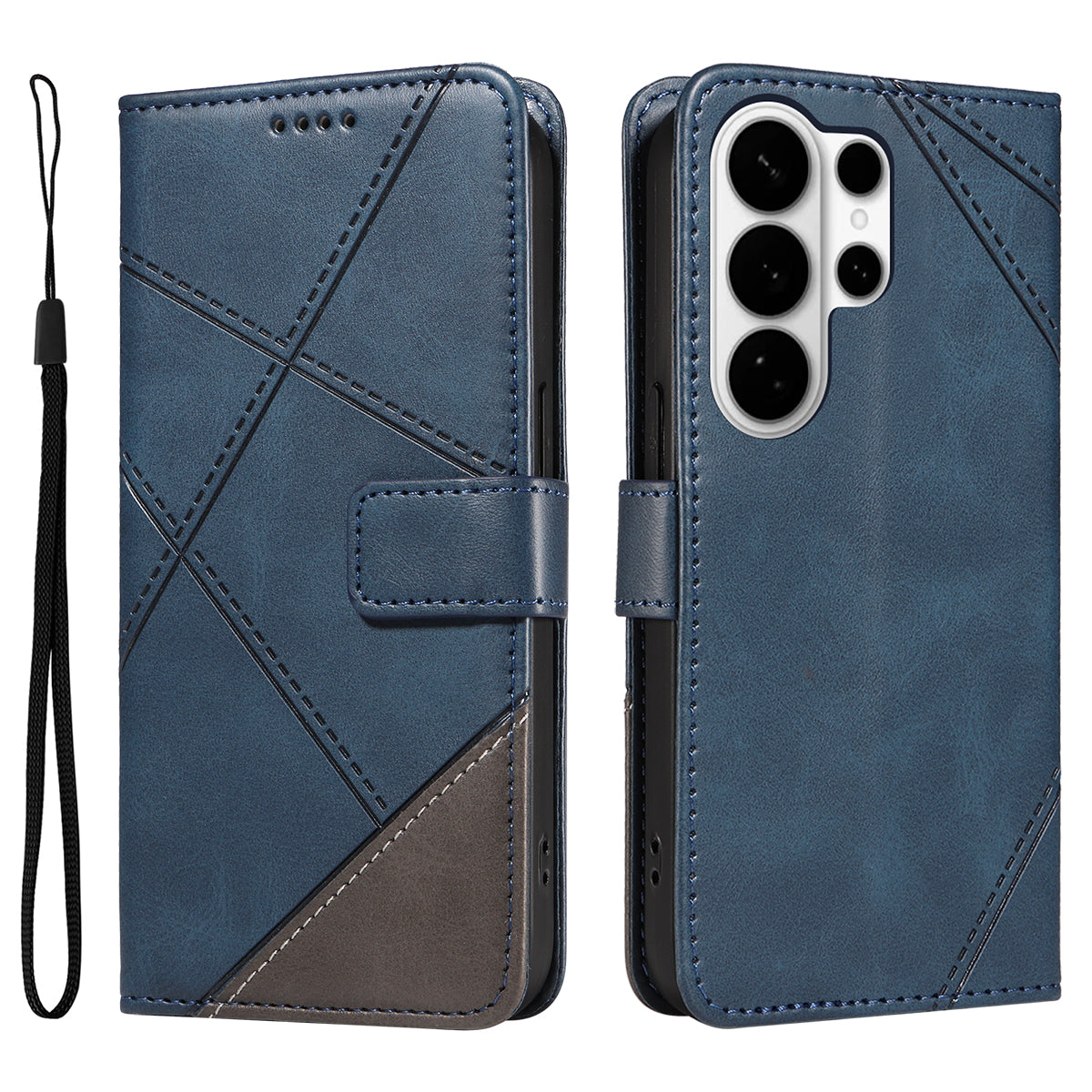 For-Samsung-Galaxy-S26-Ultra-Leather-Case-Geometric-Line-Design-Wallet-Phone-Cover-with-Wrist-Strap-Blue