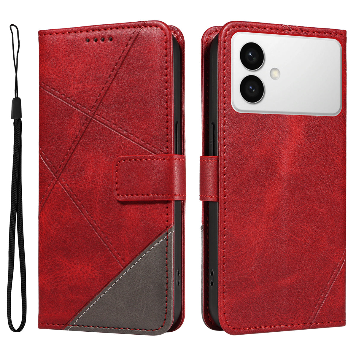 For-Samsung-Galaxy-S26-Edge-Leather-Case-Geometric-Line-Design-Wallet-Phone-Cover-with-Wrist-Strap-Red