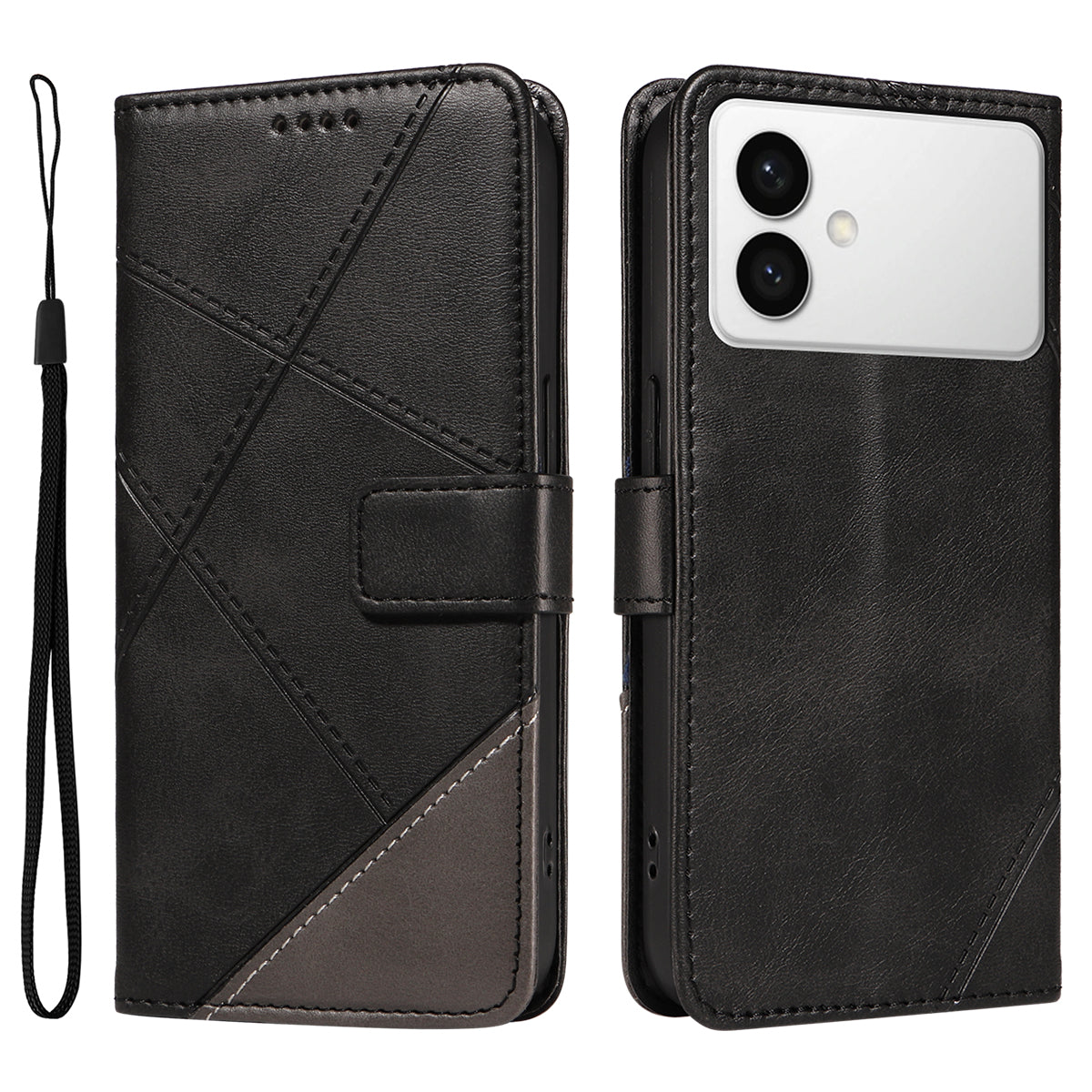 For-Samsung-Galaxy-S26-Edge-Leather-Case-Geometric-Line-Design-Wallet-Phone-Cover-with-Wrist-Strap-Black