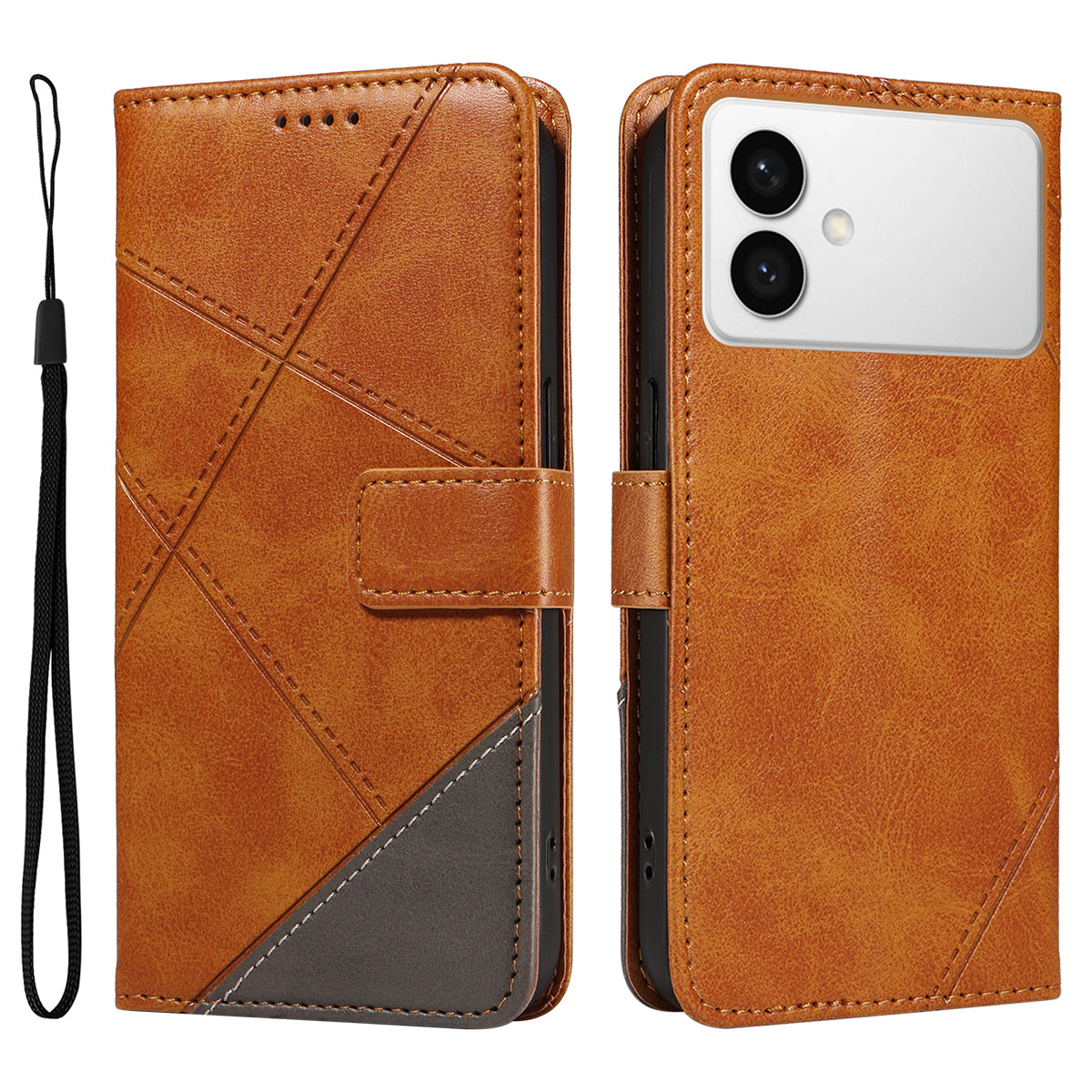 For-Samsung-Galaxy-S26-Edge-Leather-Case-Geometric-Line-Design-Wallet-Phone-Cover-with-Wrist-Strap-Brown