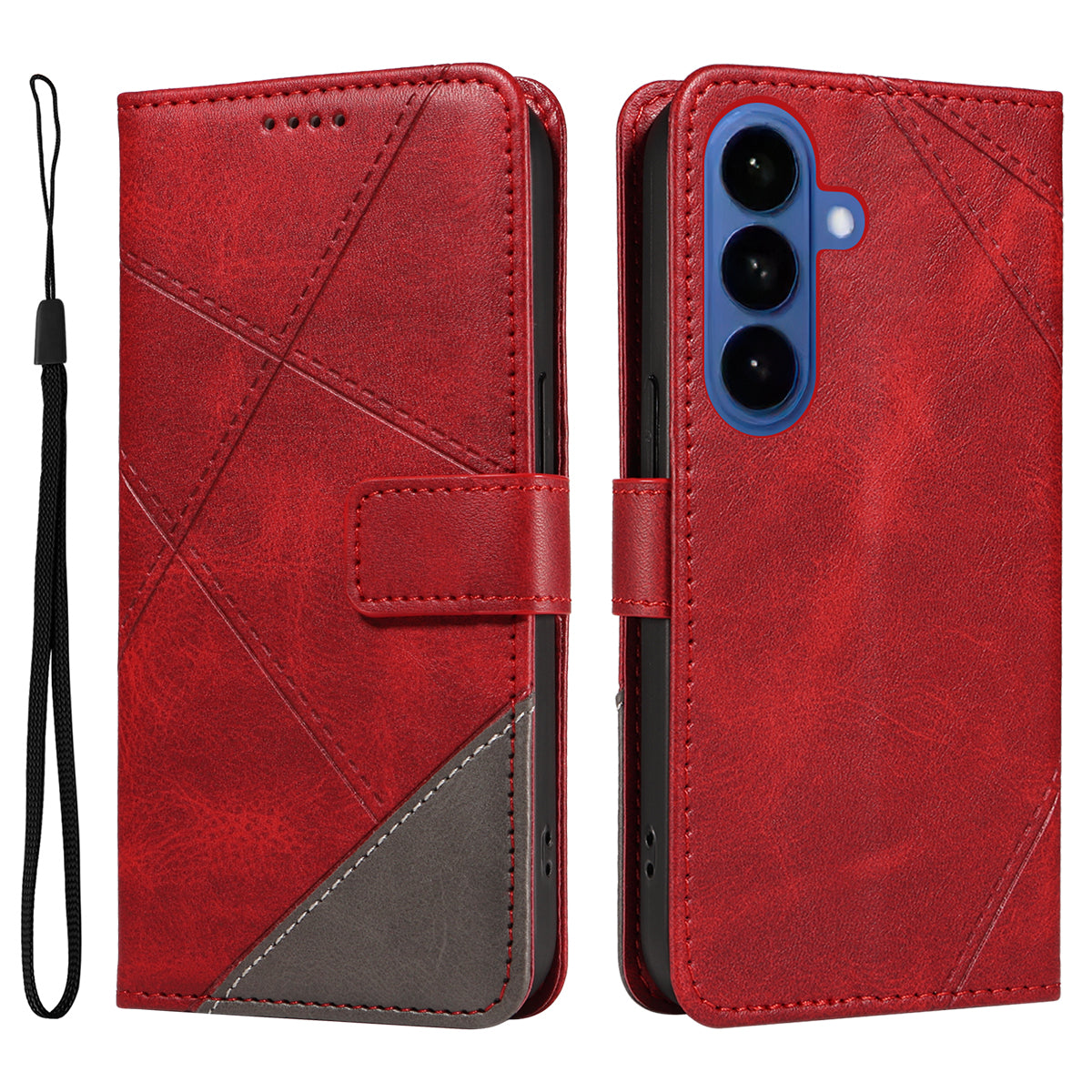 For-Samsung-Galaxy-S26-/-S26-Pro-Leather-Case-Geometric-Line-Design-Wallet-Phone-Cover-with-Wrist-Strap-Red