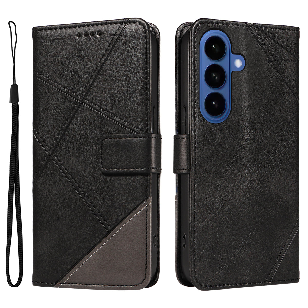 For-Samsung-Galaxy-S26-/-S26-Pro-Leather-Case-Geometric-Line-Design-Wallet-Phone-Cover-with-Wrist-Strap-Black