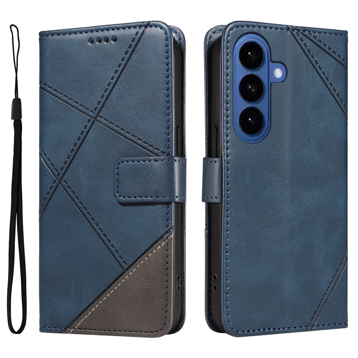 For-Samsung-Galaxy-S26-/-S26-Pro-Leather-Case-Geometric-Line-Design-Wallet-Phone-Cover-with-Wrist-Strap-Blue