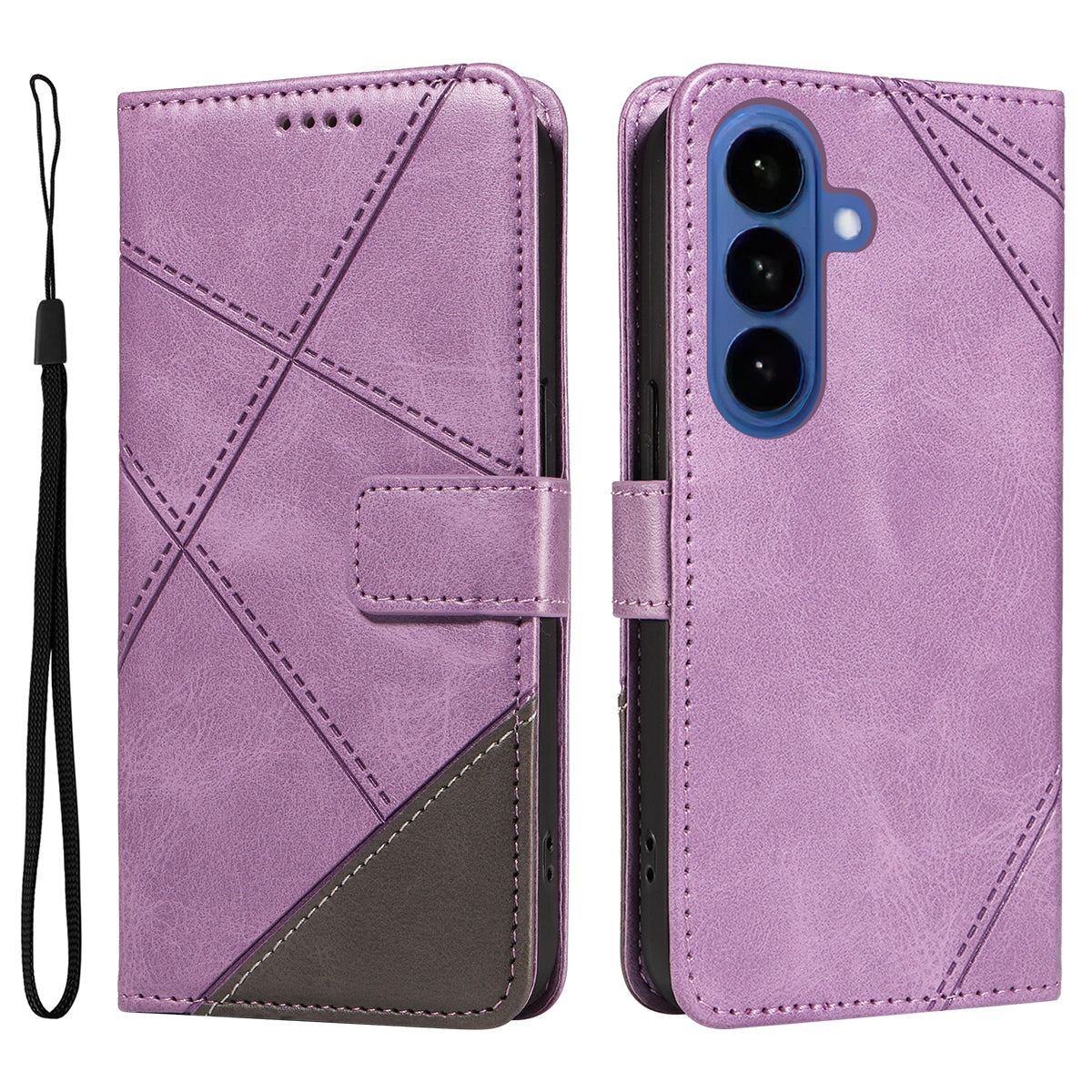 For-Samsung-Galaxy-S26-/-S26-Pro-Leather-Case-Geometric-Line-Design-Wallet-Phone-Cover-with-Wrist-Strap-Purple