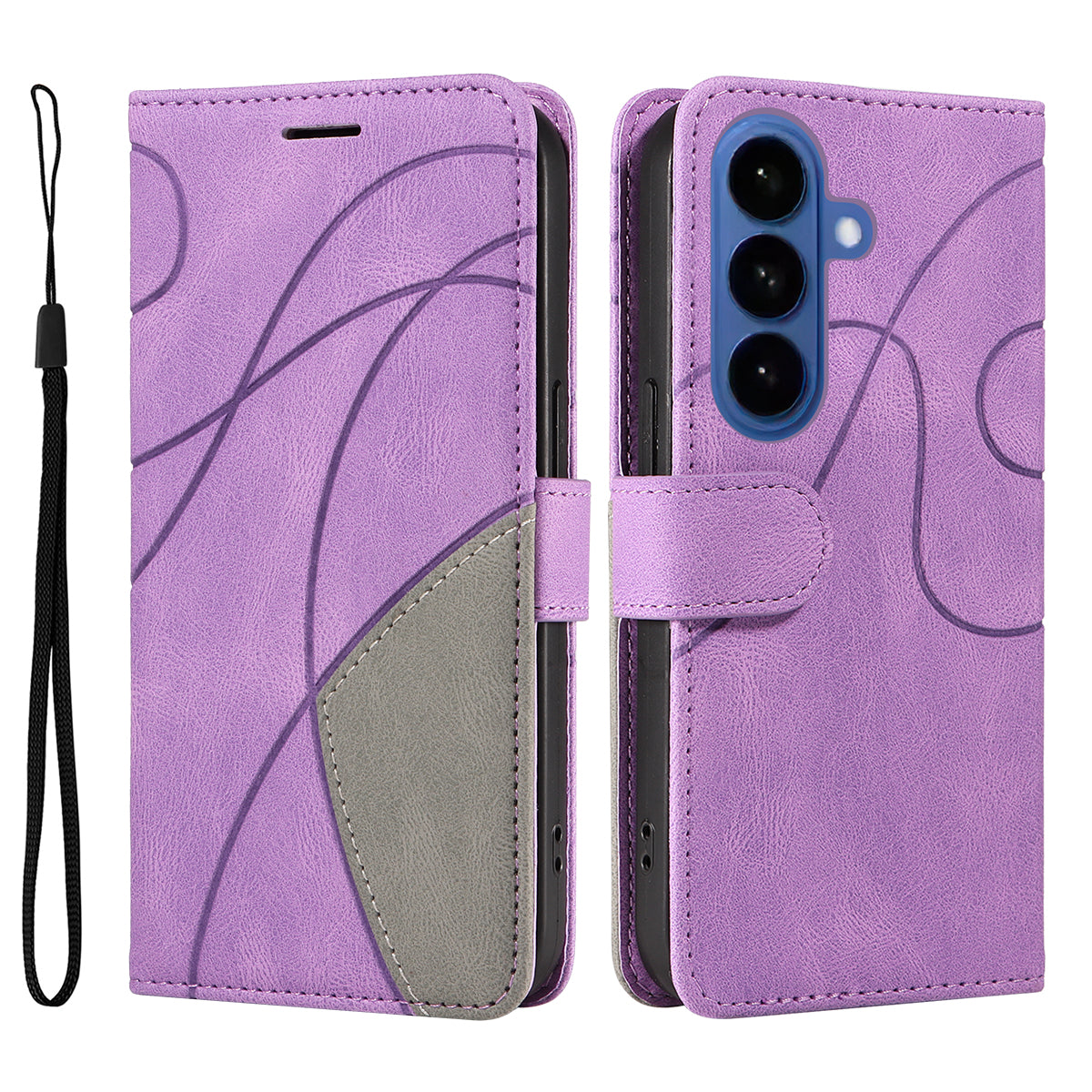 For-Samsung-Galaxy-S26-/-S26-Pro-Leather-Phone-Case-Stand-Wallet-with-Bi-colour-Splicing-Design-Purple