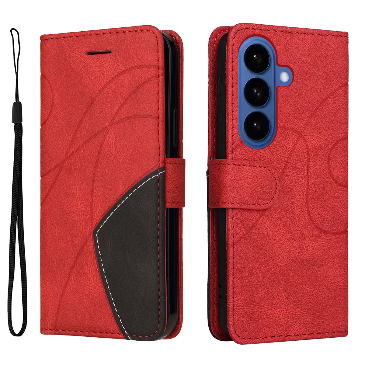 For-Samsung-Galaxy-S26-/-S26-Pro-Leather-Phone-Case-Stand-Wallet-with-Bi-colour-Splicing-Design-Red