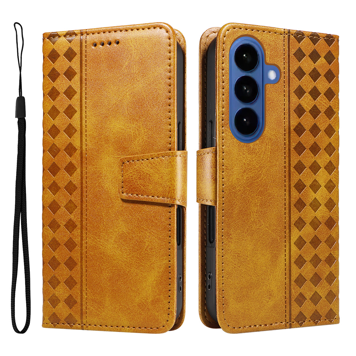 For-Samsung-Galaxy-S26-/-S26-Pro-Leather-Case-Wallet-Stand-Grids-Imprinted-Phone-Cover-with-Strap-Yellow