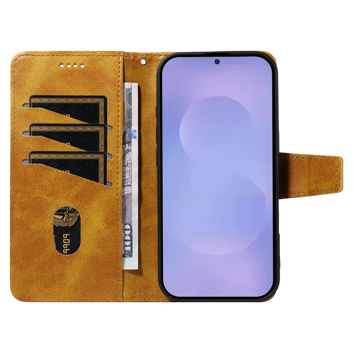 For-Samsung-Galaxy-S26-/-S26-Pro-Leather-Case-Wallet-Stand-Grids-Imprinted-Phone-Cover-with-Strap-Yellow