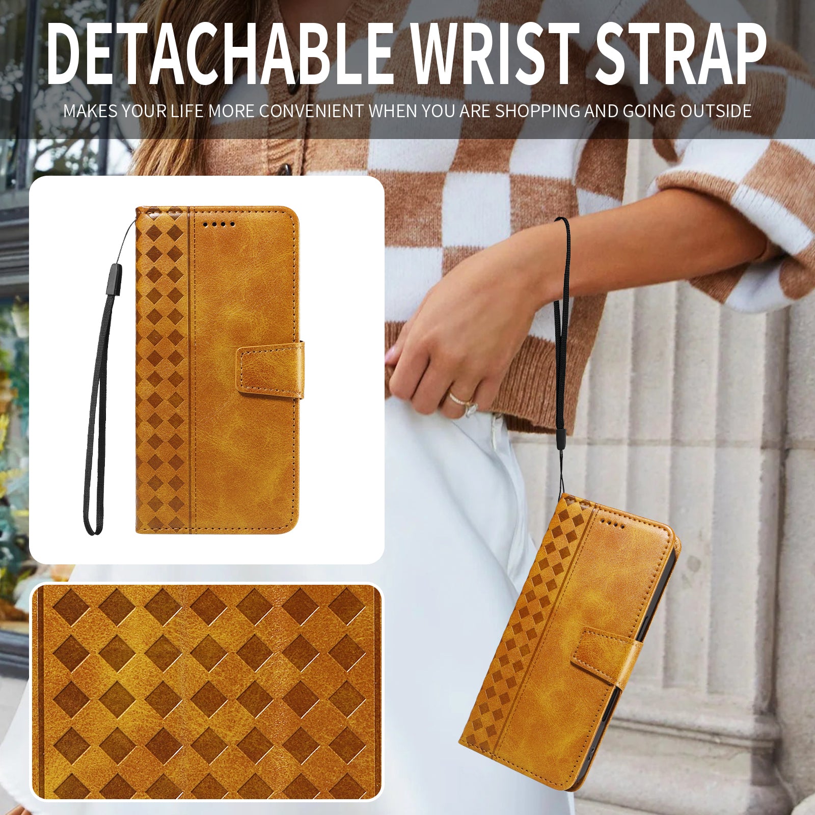 For-Samsung-Galaxy-S26-/-S26-Pro-Leather-Case-Wallet-Stand-Grids-Imprinted-Phone-Cover-with-Strap-Yellow