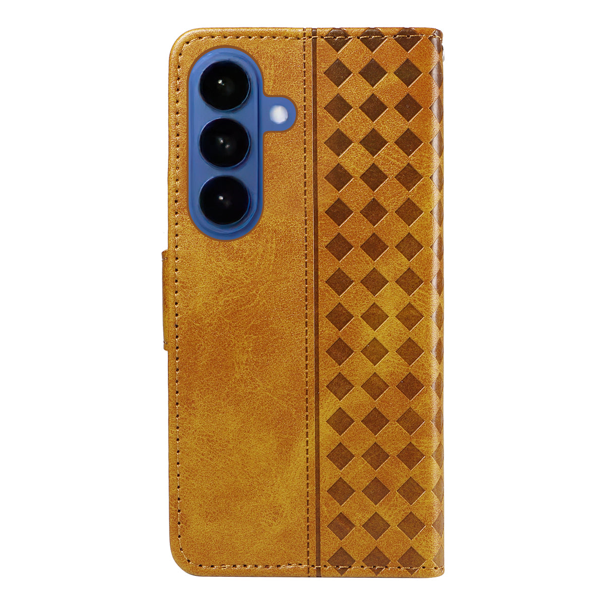 For-Samsung-Galaxy-S26-/-S26-Pro-Leather-Case-Wallet-Stand-Grids-Imprinted-Phone-Cover-with-Strap-Yellow