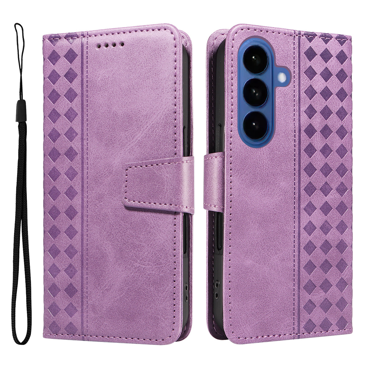 For-Samsung-Galaxy-S26-/-S26-Pro-Leather-Case-Wallet-Stand-Grids-Imprinted-Phone-Cover-with-Strap-Light-Purple