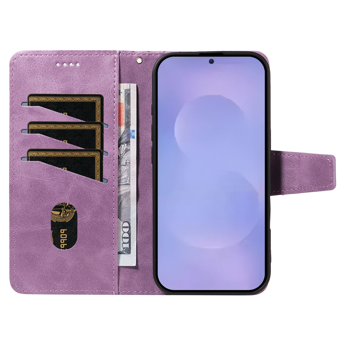 For-Samsung-Galaxy-S26-/-S26-Pro-Leather-Case-Wallet-Stand-Grids-Imprinted-Phone-Cover-with-Strap-Light-Purple