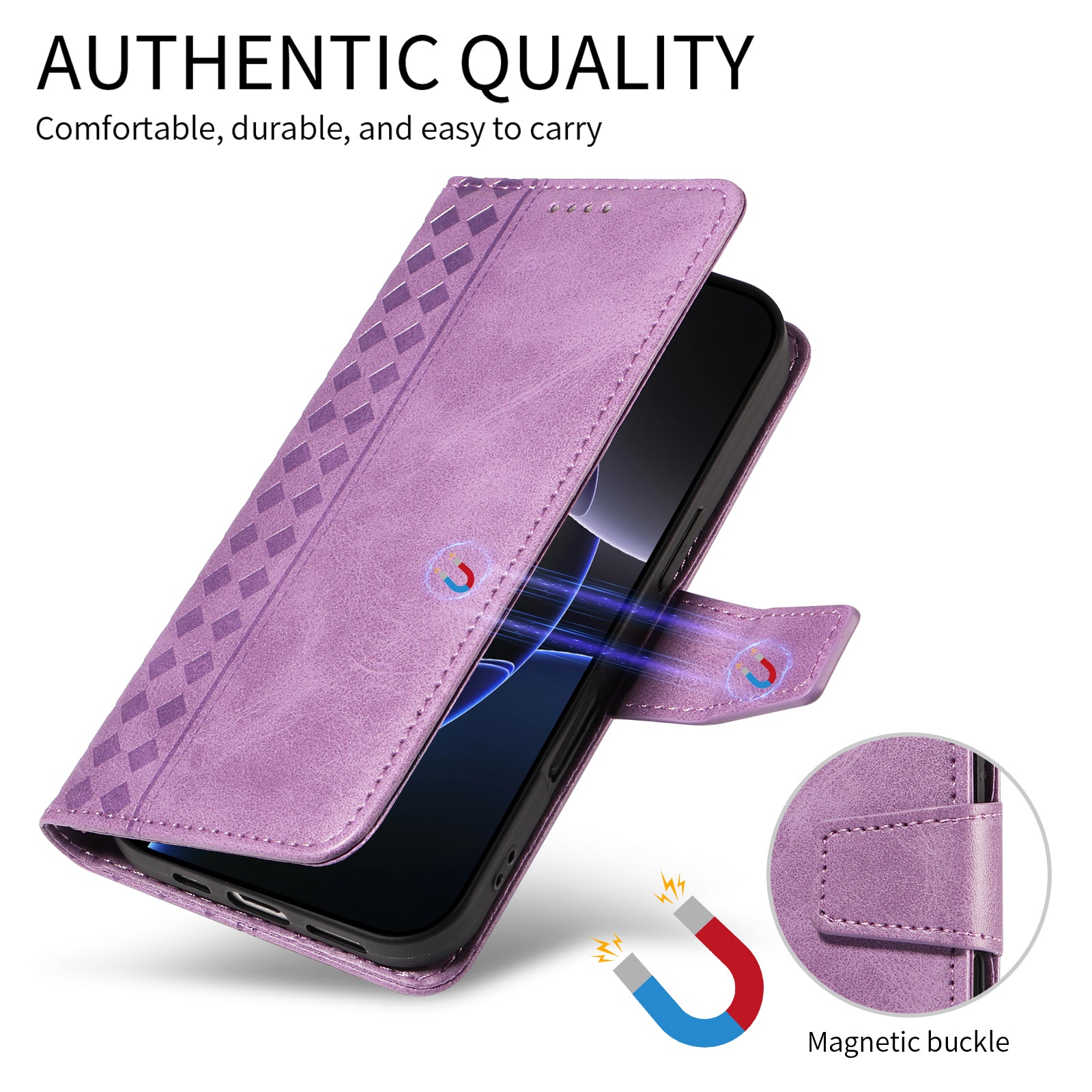 For-Samsung-Galaxy-S26-/-S26-Pro-Leather-Case-Wallet-Stand-Grids-Imprinted-Phone-Cover-with-Strap-Light-Purple