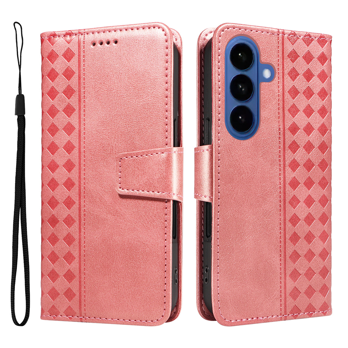 For-Samsung-Galaxy-S26-/-S26-Pro-Leather-Case-Wallet-Stand-Grids-Imprinted-Phone-Cover-with-Strap-Rose-Gold