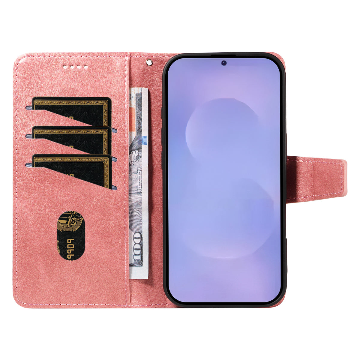 For-Samsung-Galaxy-S26-/-S26-Pro-Leather-Case-Wallet-Stand-Grids-Imprinted-Phone-Cover-with-Strap-Rose-Gold