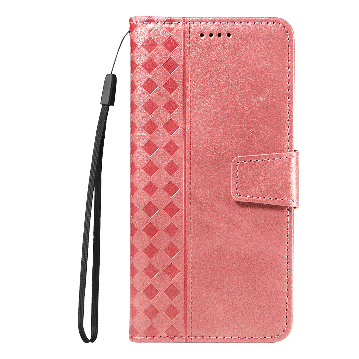 For-Samsung-Galaxy-S26-/-S26-Pro-Leather-Case-Wallet-Stand-Grids-Imprinted-Phone-Cover-with-Strap-Rose-Gold