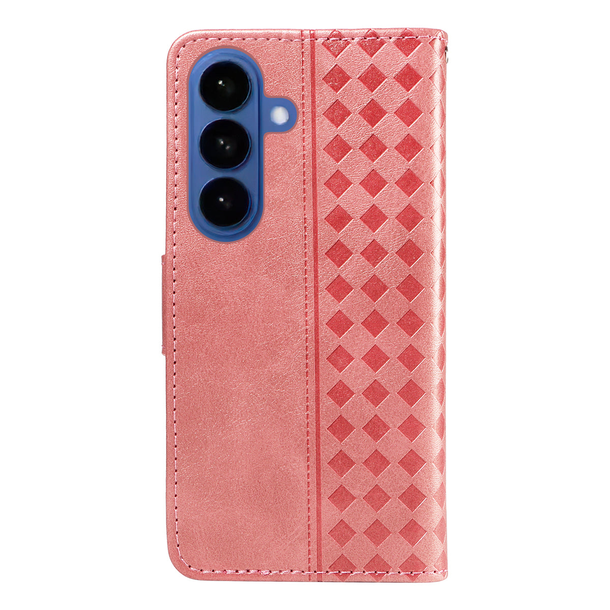 For-Samsung-Galaxy-S26-/-S26-Pro-Leather-Case-Wallet-Stand-Grids-Imprinted-Phone-Cover-with-Strap-Rose-Gold