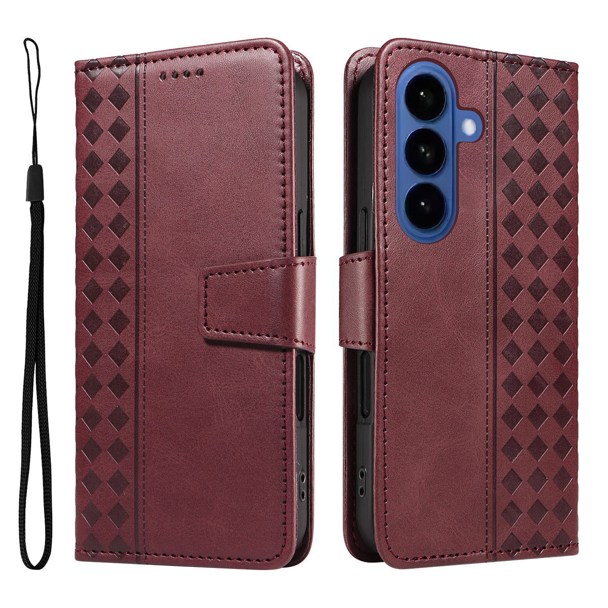 For-Samsung-Galaxy-S26-/-S26-Pro-Leather-Case-Wallet-Stand-Grids-Imprinted-Phone-Cover-with-Strap-Wine-Red