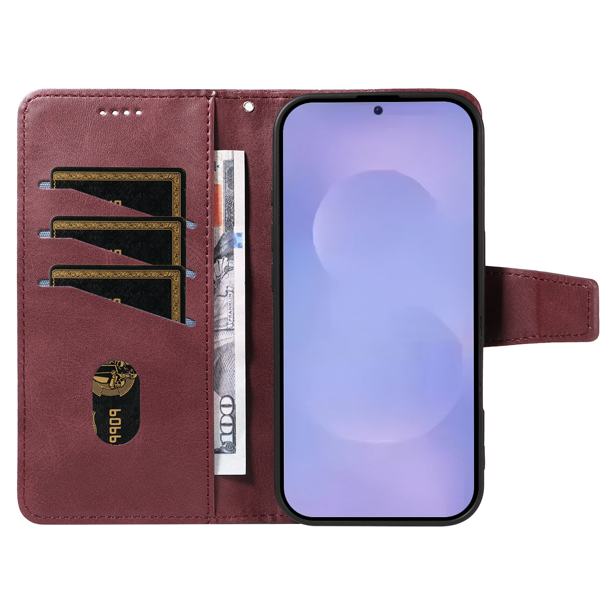 For-Samsung-Galaxy-S26-/-S26-Pro-Leather-Case-Wallet-Stand-Grids-Imprinted-Phone-Cover-with-Strap-Wine-Red