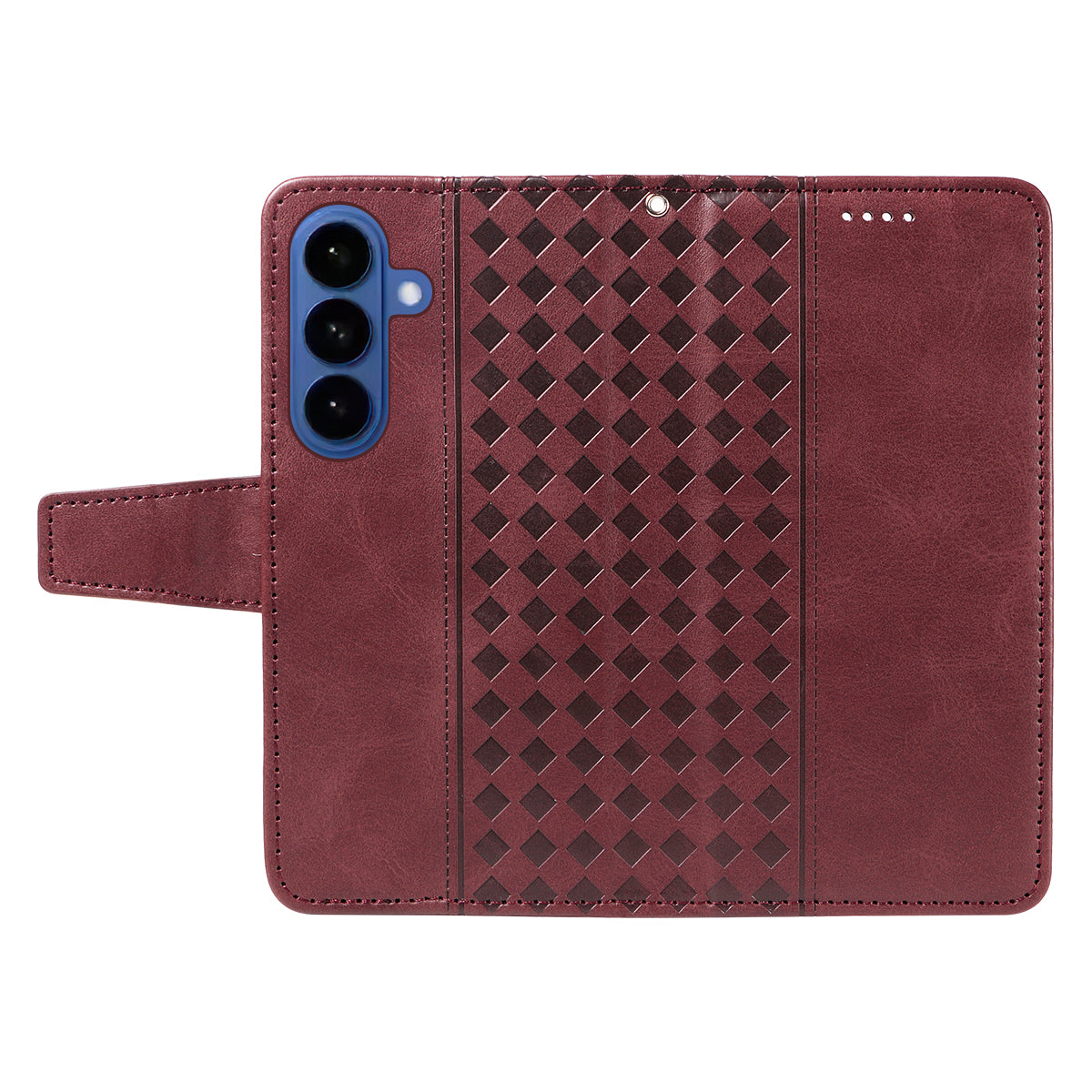 For-Samsung-Galaxy-S26-/-S26-Pro-Leather-Case-Wallet-Stand-Grids-Imprinted-Phone-Cover-with-Strap-Wine-Red