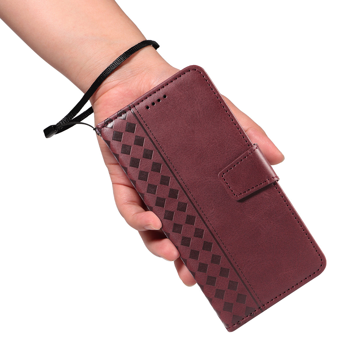 For-Samsung-Galaxy-S26-/-S26-Pro-Leather-Case-Wallet-Stand-Grids-Imprinted-Phone-Cover-with-Strap-Wine-Red