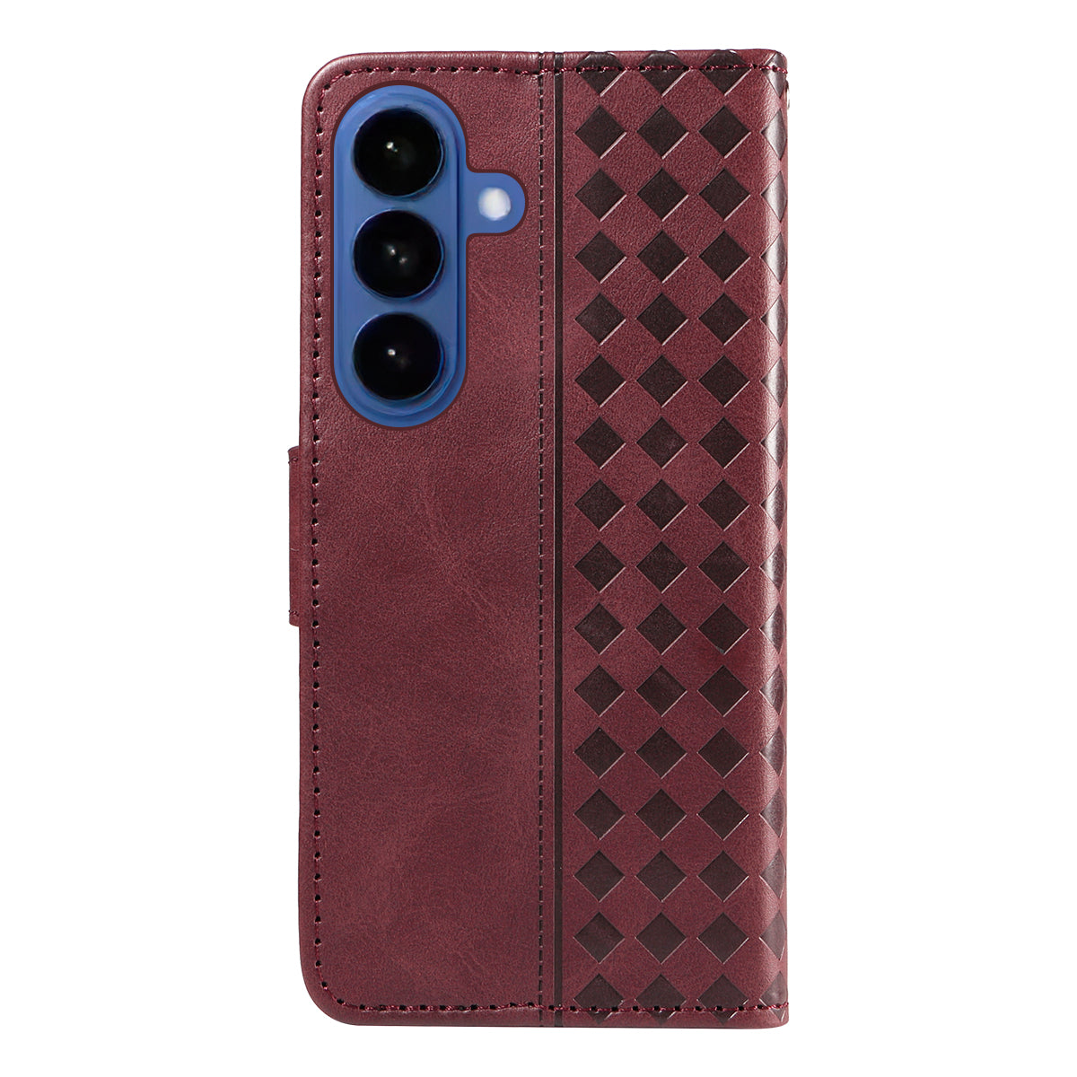 For-Samsung-Galaxy-S26-/-S26-Pro-Leather-Case-Wallet-Stand-Grids-Imprinted-Phone-Cover-with-Strap-Wine-Red