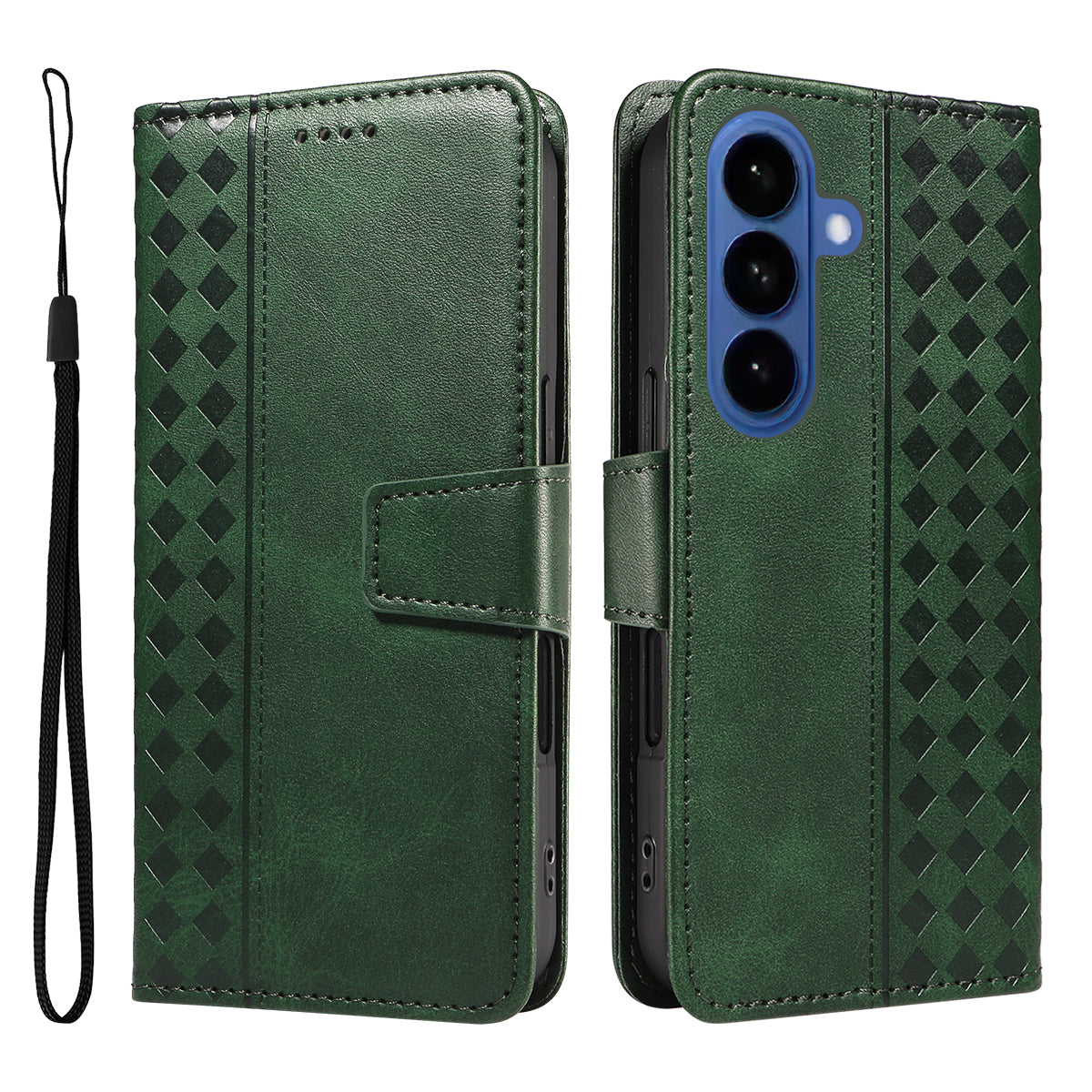 For-Samsung-Galaxy-S26-/-S26-Pro-Leather-Case-Wallet-Stand-Grids-Imprinted-Phone-Cover-with-Strap-Green