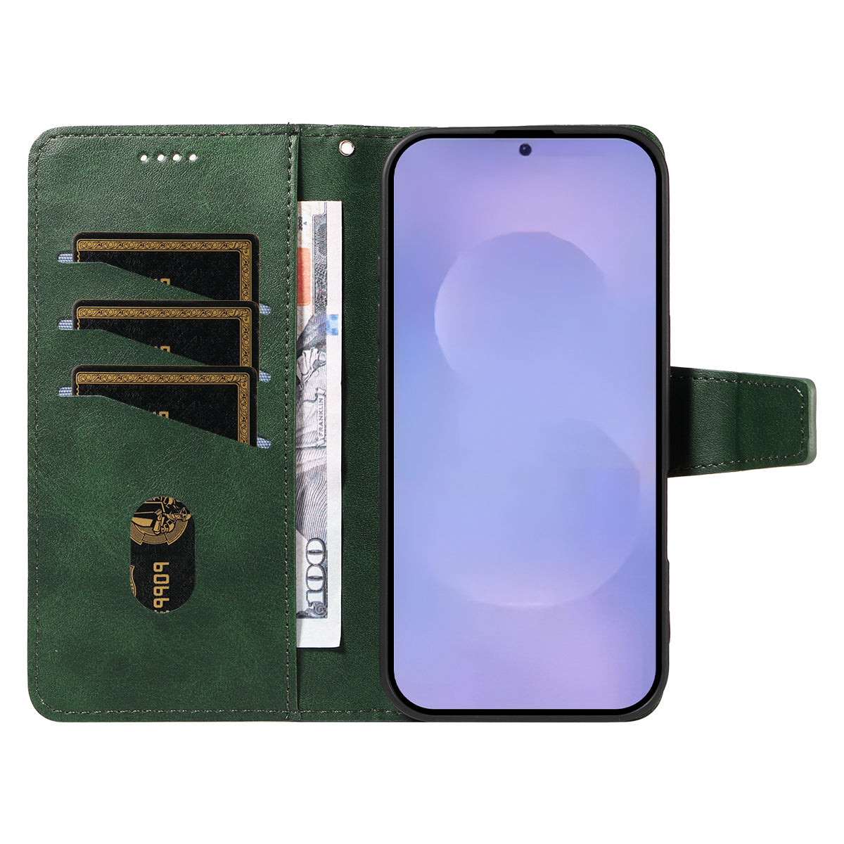 For-Samsung-Galaxy-S26-/-S26-Pro-Leather-Case-Wallet-Stand-Grids-Imprinted-Phone-Cover-with-Strap-Green