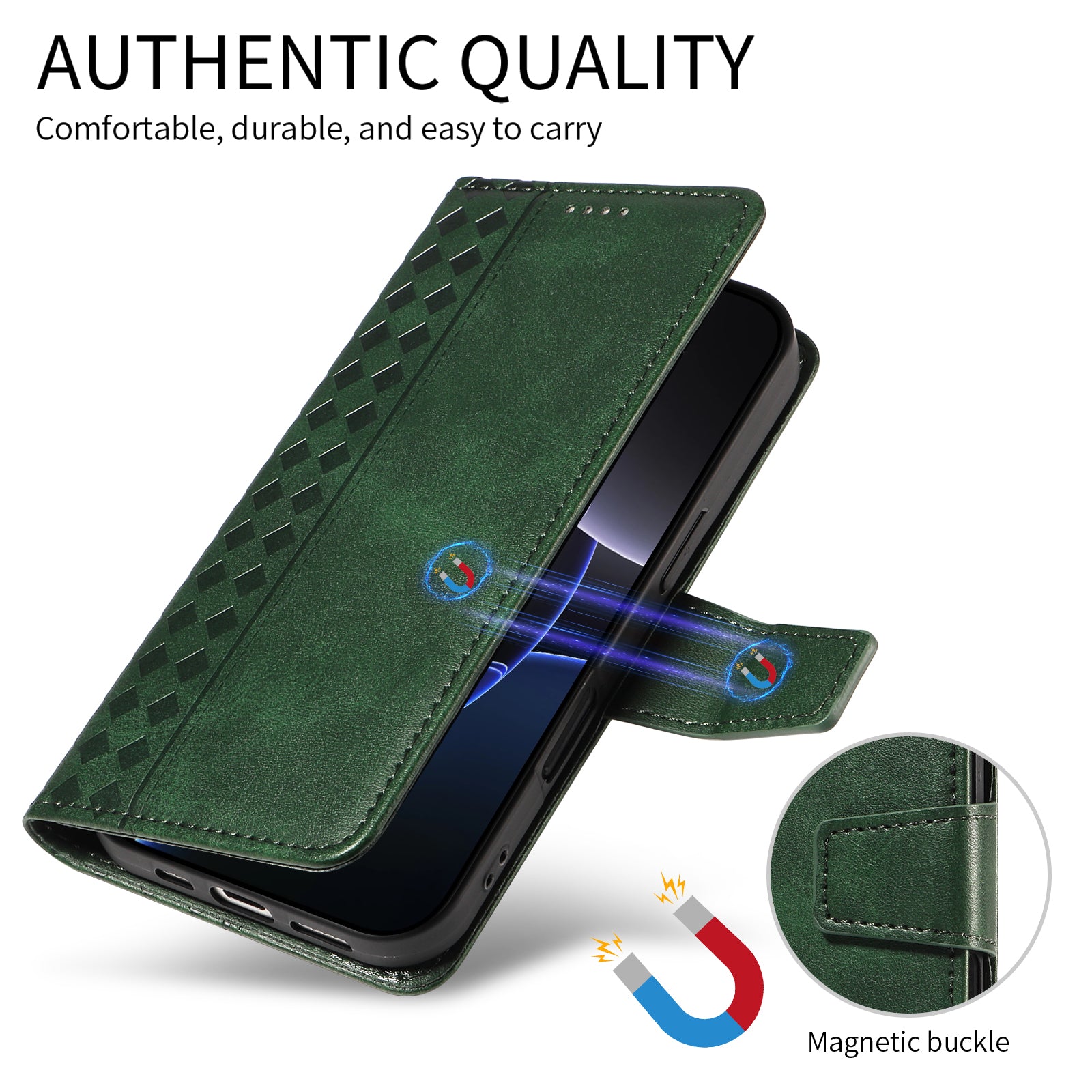 For-Samsung-Galaxy-S26-/-S26-Pro-Leather-Case-Wallet-Stand-Grids-Imprinted-Phone-Cover-with-Strap-Green