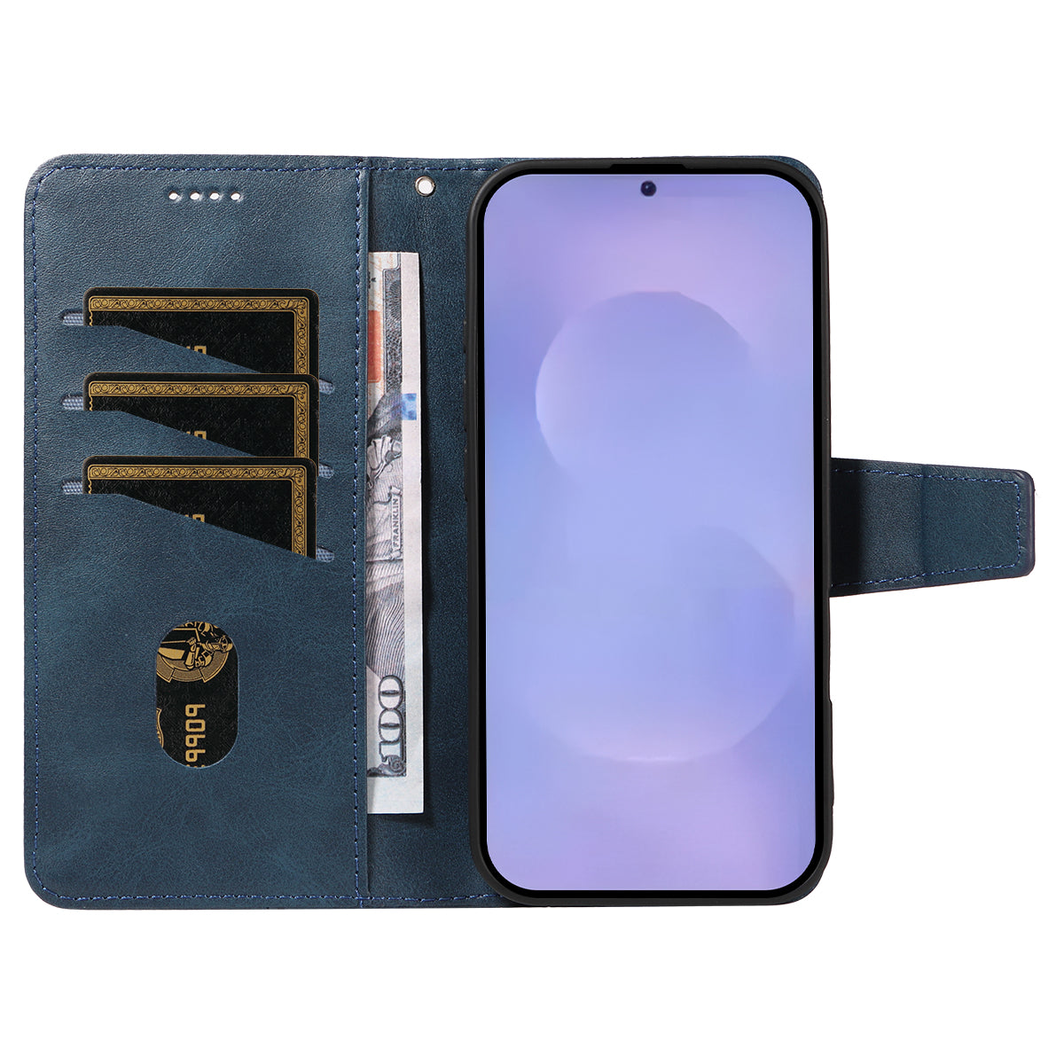 For-Samsung-Galaxy-S26-/-S26-Pro-Leather-Case-Wallet-Stand-Grids-Imprinted-Phone-Cover-with-Strap-Blue