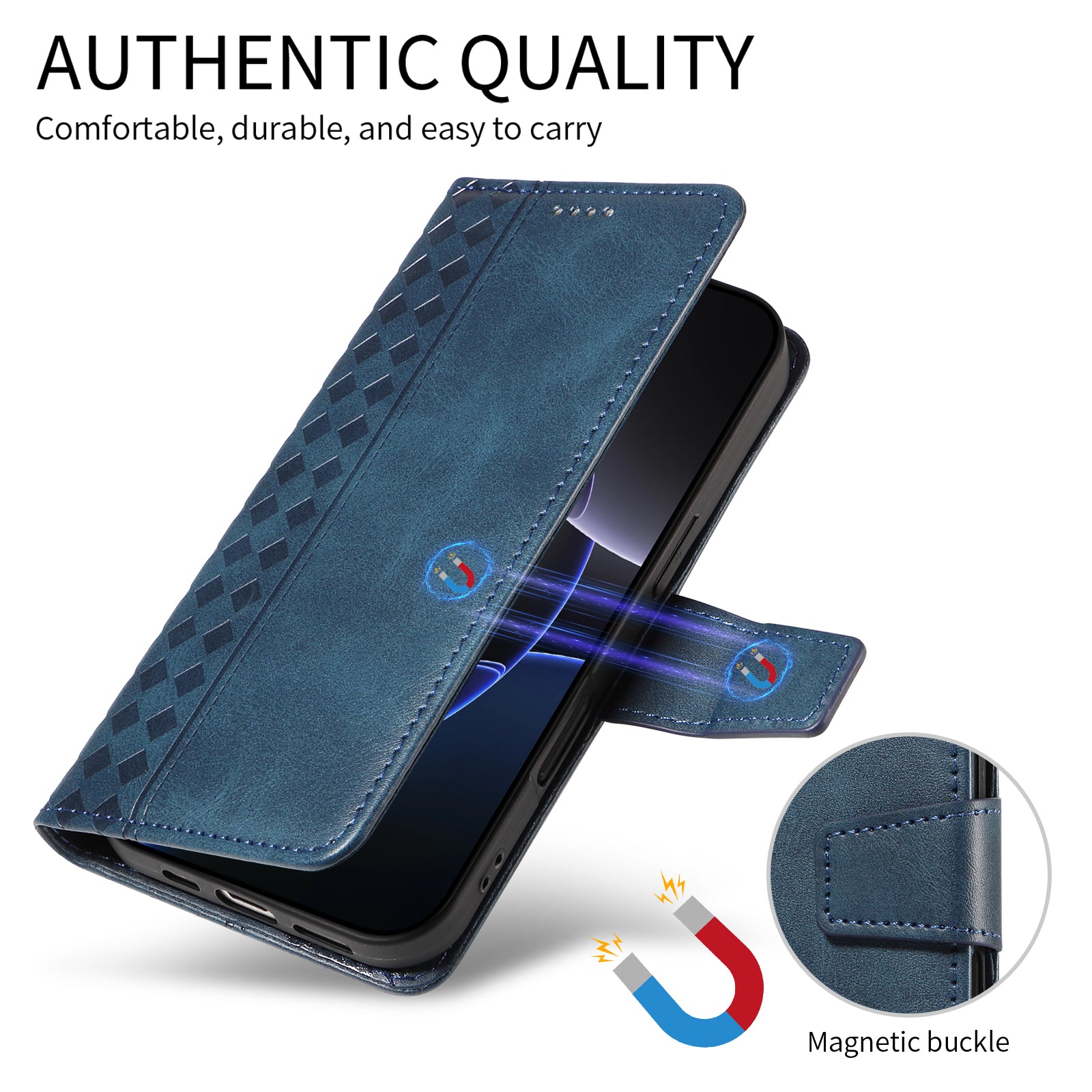 For-Samsung-Galaxy-S26-/-S26-Pro-Leather-Case-Wallet-Stand-Grids-Imprinted-Phone-Cover-with-Strap-Blue