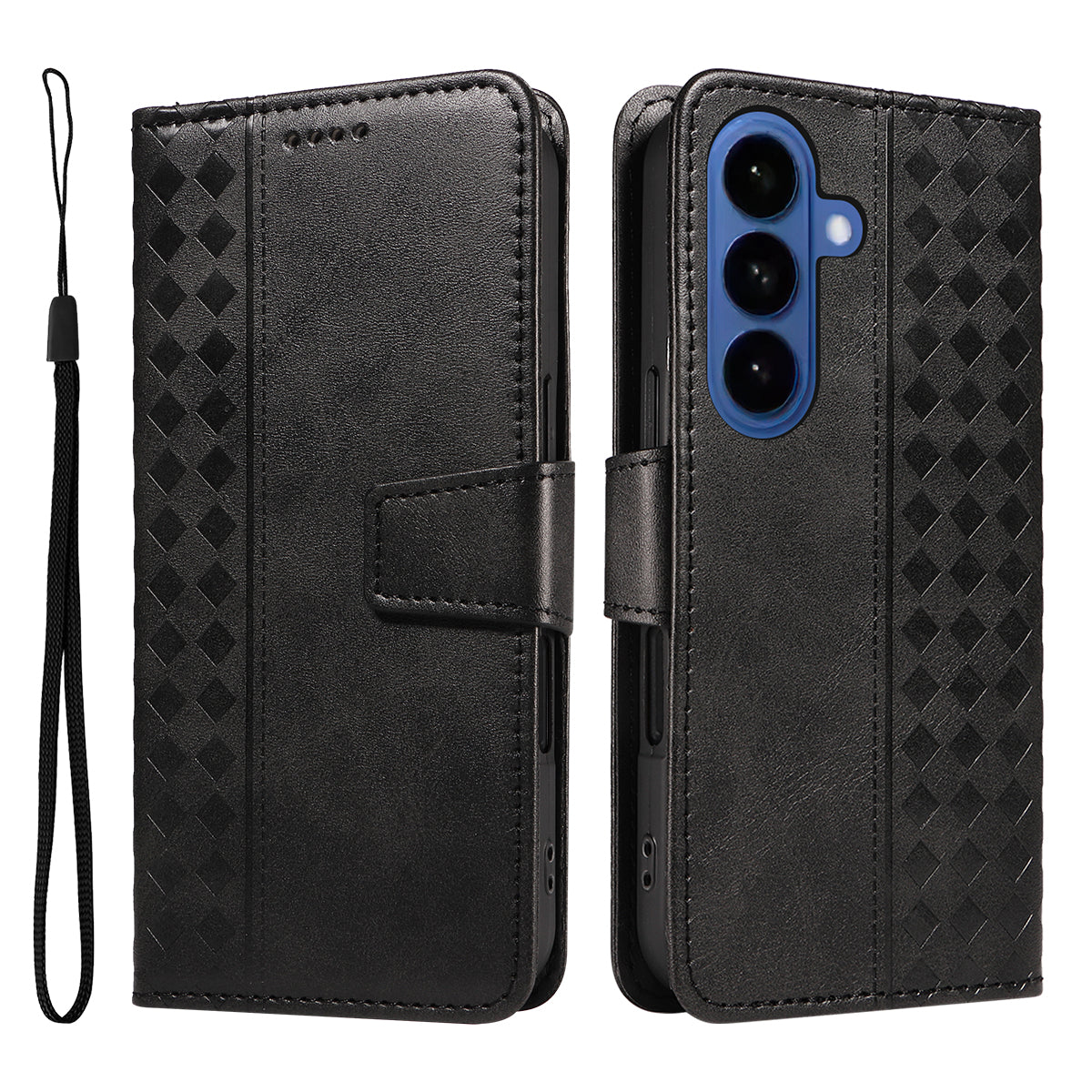 For-Samsung-Galaxy-S26-/-S26-Pro-Leather-Case-Wallet-Stand-Grids-Imprinted-Phone-Cover-with-Strap-Black