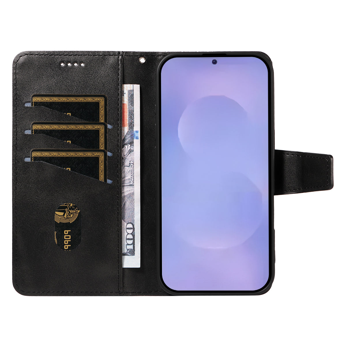 For-Samsung-Galaxy-S26-/-S26-Pro-Leather-Case-Wallet-Stand-Grids-Imprinted-Phone-Cover-with-Strap-Black