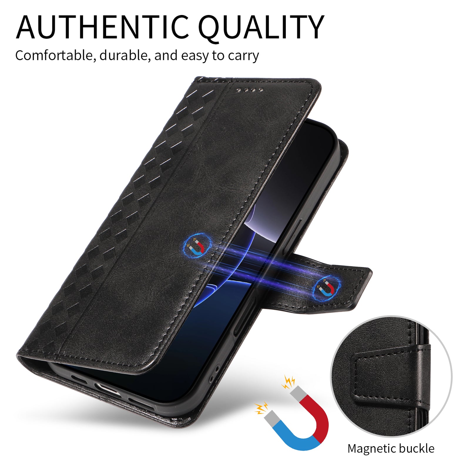 For-Samsung-Galaxy-S26-/-S26-Pro-Leather-Case-Wallet-Stand-Grids-Imprinted-Phone-Cover-with-Strap-Black