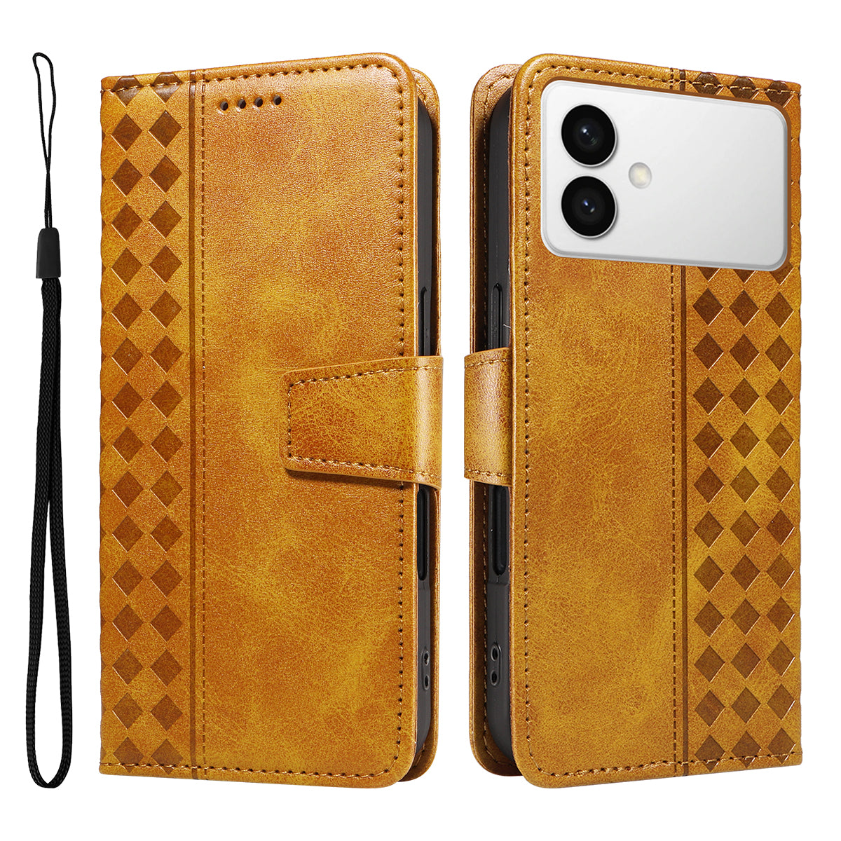 For-Samsung-Galaxy-S26-Edge-Leather-Case-Wallet-Stand-Grids-Imprinted-Phone-Cover-with-Strap-Yellow