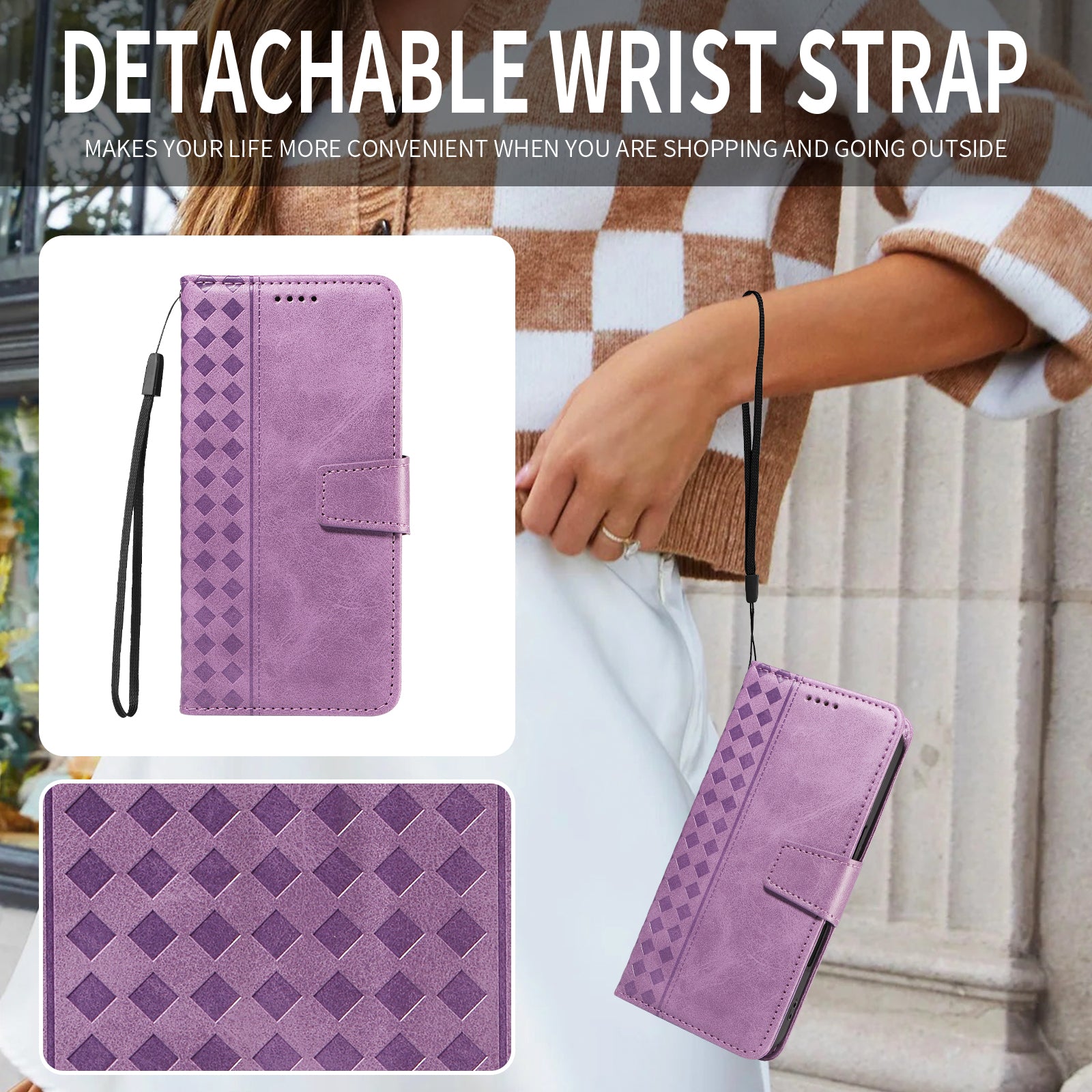 For-Samsung-Galaxy-S26-Edge-Leather-Case-Wallet-Stand-Grids-Imprinted-Phone-Cover-with-Strap-Light-Purple