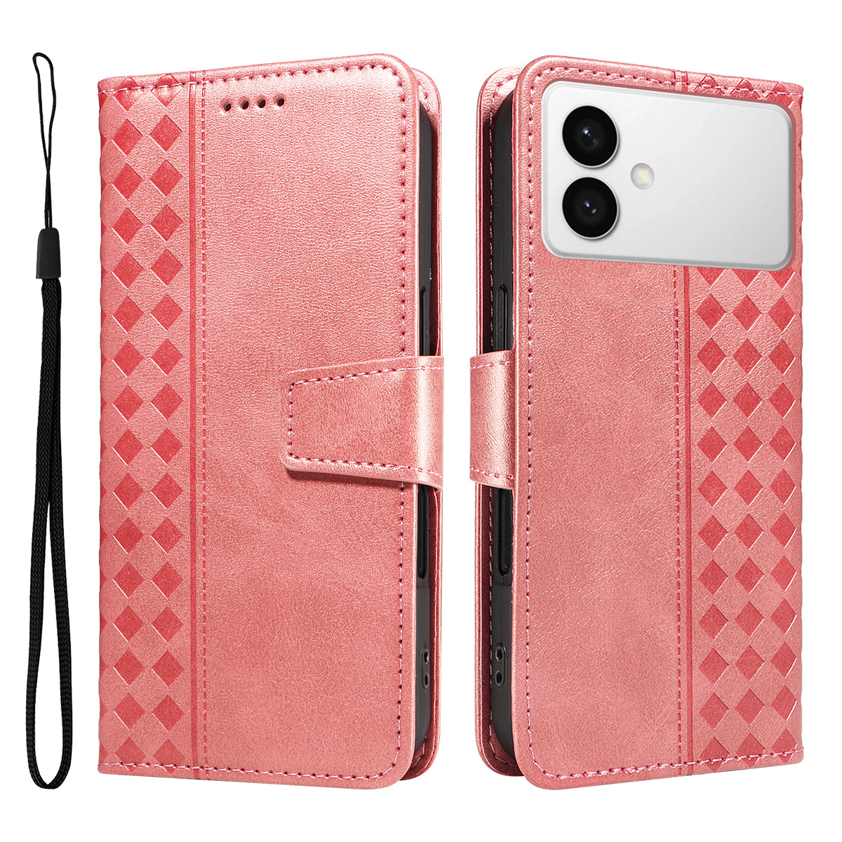 For-Samsung-Galaxy-S26-Edge-Leather-Case-Wallet-Stand-Grids-Imprinted-Phone-Cover-with-Strap-Rose-Gold
