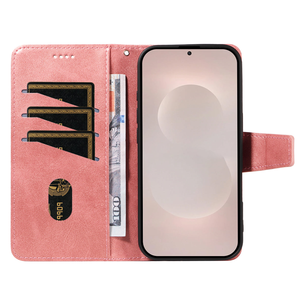 For-Samsung-Galaxy-S26-Edge-Leather-Case-Wallet-Stand-Grids-Imprinted-Phone-Cover-with-Strap-Rose-Gold