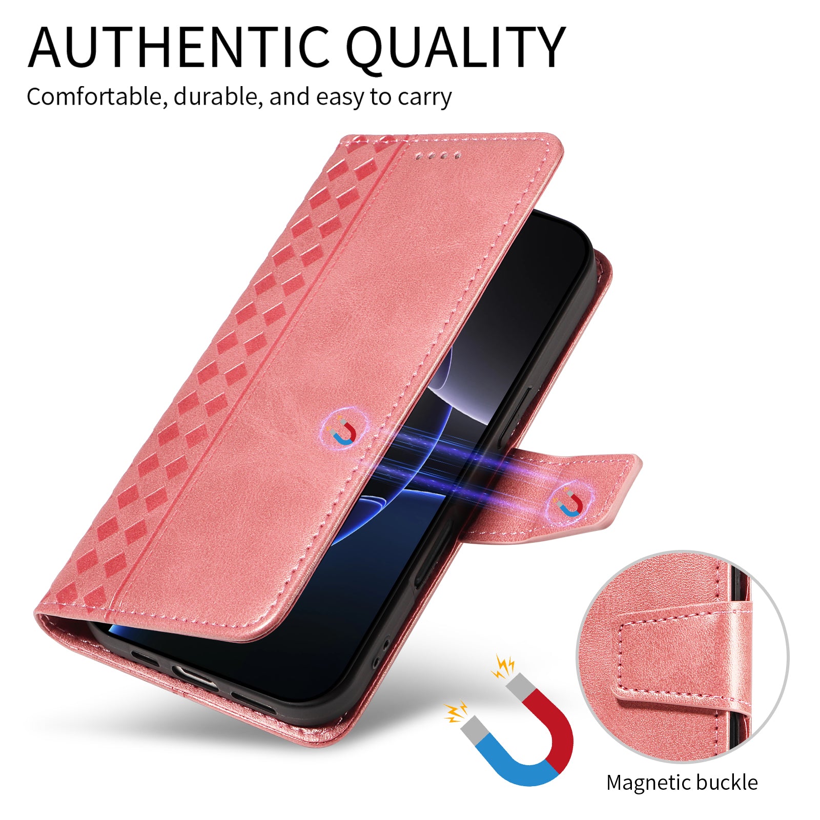For-Samsung-Galaxy-S26-Edge-Leather-Case-Wallet-Stand-Grids-Imprinted-Phone-Cover-with-Strap-Rose-Gold